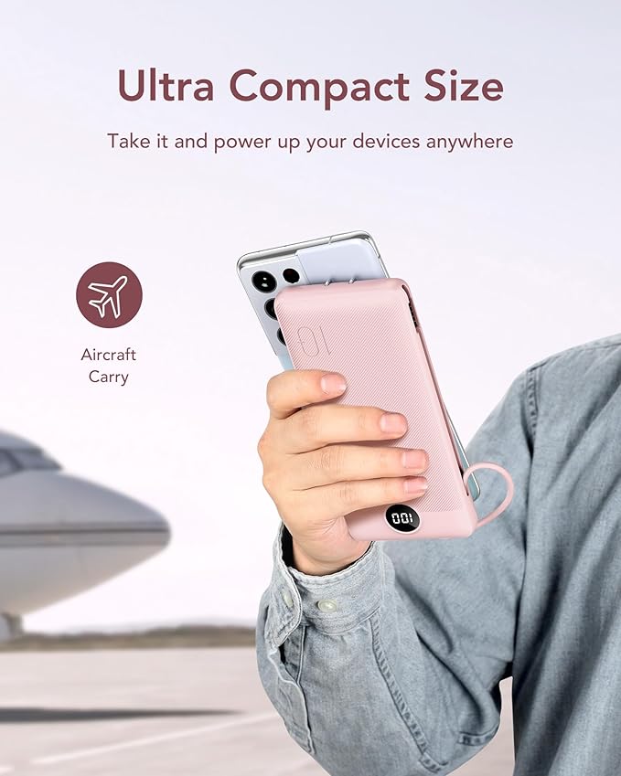 VEGER Portable Charger with Built-in AC Plug and Cables, All in One 10000mAh Ultra Slim Power Bank Travel Essentials, 15W Fast Charging Battery Pack Compatible with iPhone, Samsung, Android (Crepe)