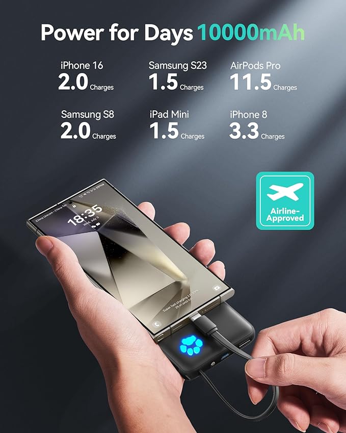 INIU PawGo Portable Charger, 45W PD 10000mAh Slim Power Bank with Built-in USB-C, Travel Airplane Camping Hiking, for Family Commuter Students Photographers