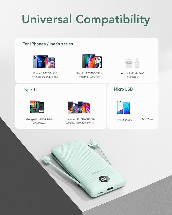 VEGER Portable Charger with Built-in AC Plug and Cables, All in One 10000mAh Ultra Slim Power Bank Travel Essentials, 15W Fast Charging Battery Pack Compatible with iPhone, Samsung, Android (Green)