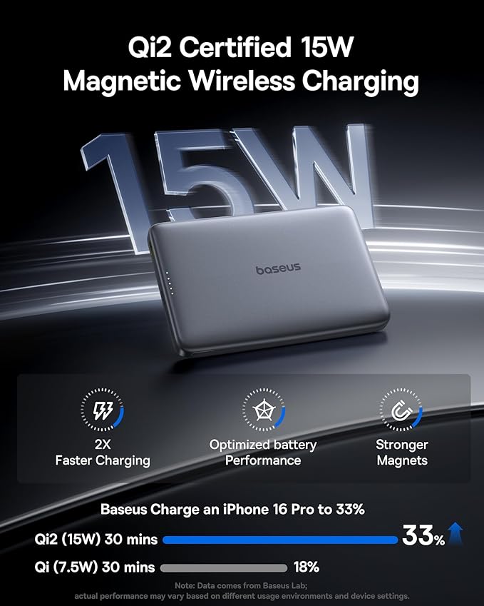 Baseus Picogo Magsafe Portable Charger, Qi2 Certified 0.5" Ultra Slim 15W Wireless Power Bank, 10000mAh 27W Fast Charging Magnetic Battery Pack with USB-C for iPhone 17/16/15/14/13/12 Series Only