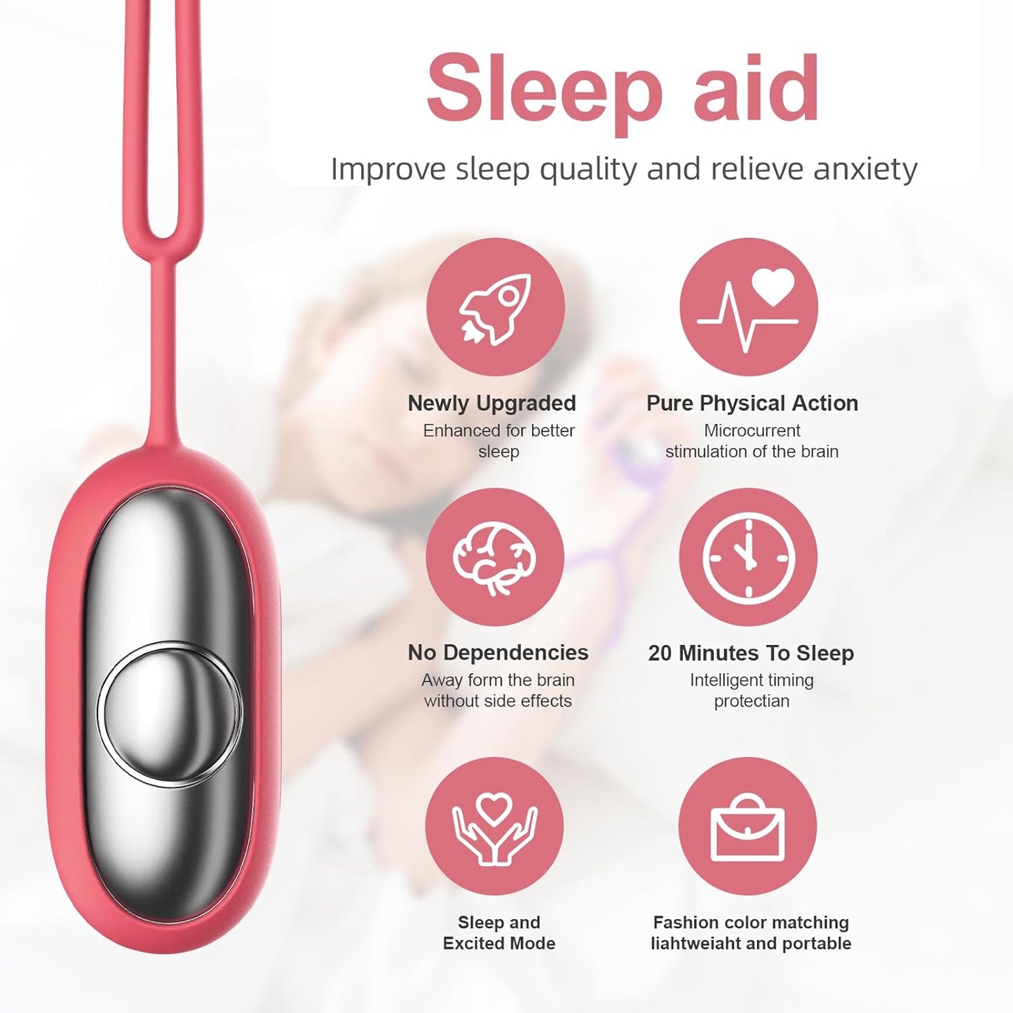 Sleep Aid Device, Micro-Current Sleep Instrument Device, Portable Rechargeable Sleep aid Improve Deep Sleep (Pink)