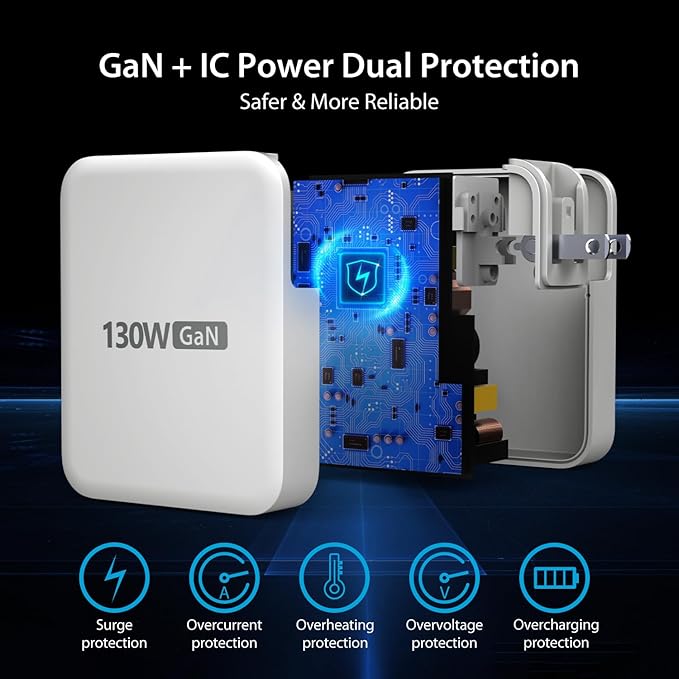 j5create 130W USB C Foldable GaN Fast Charger- 100W PD 4-Port GaN USB C Charging Station, Wall Charger, Laptop Charger, Travel Power Adapter | for MacBooks, Laptops, iPads, iPhones and more (JUP43130)