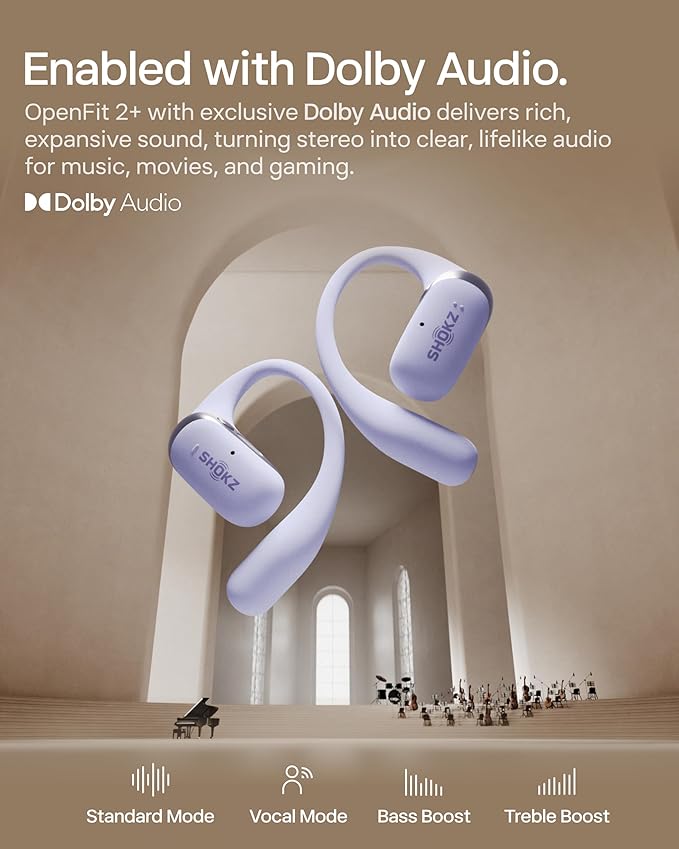 SHOKZ New OpenFit 2+ Open-Ear Headphones,Dolby Audio Enabled,Comfortable Earbuds with Soft Ear Hooks,48H Playtime,IP55 Water-Resistant,USB-C Fast Charging,Wireless Charging - Online Exclusive Purple