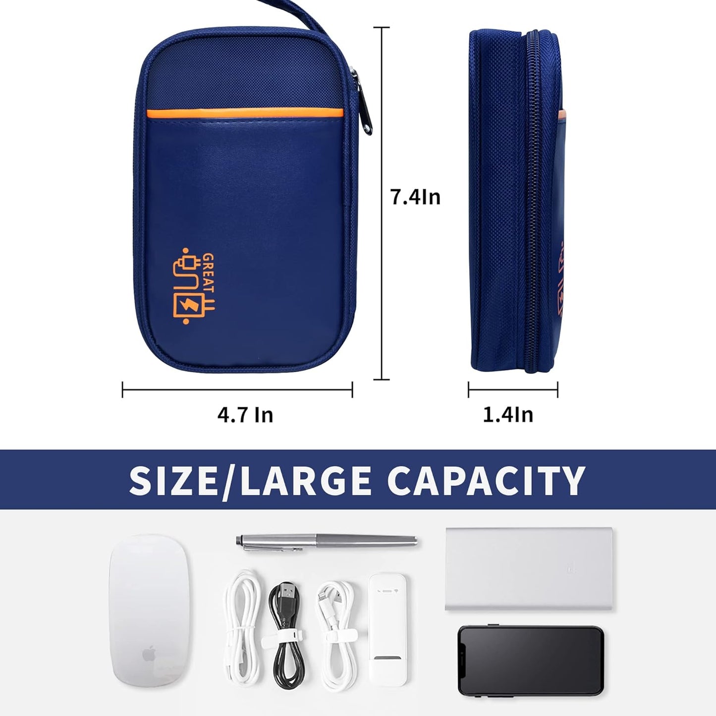 Travel Cable Organizer Bag Pouch Electronic Accessories Carry Case Portable Waterproof All-in-One Storage Bag for Cable,Charger, Phone, Hard Drive，SD Card-Navy Blue