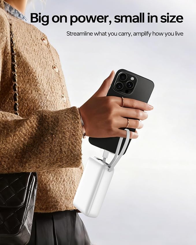 Portable Charger 50000mAh Power Bank,Portable Phone Charger with 2 Built in Cables,22.5W Fast Charging Travel Essentials Battery Pack for iPhone/iPad/MacBook/Android/Samsung Galaxy, White