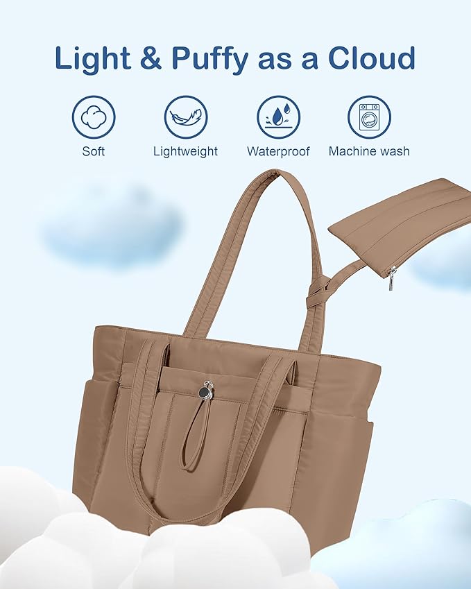 TOPDesign Puffy Tote Bag for Women with Cup Holder & Laptop Compartment & Cosmetic Bag & Trolley Sleeve for Work, Travel