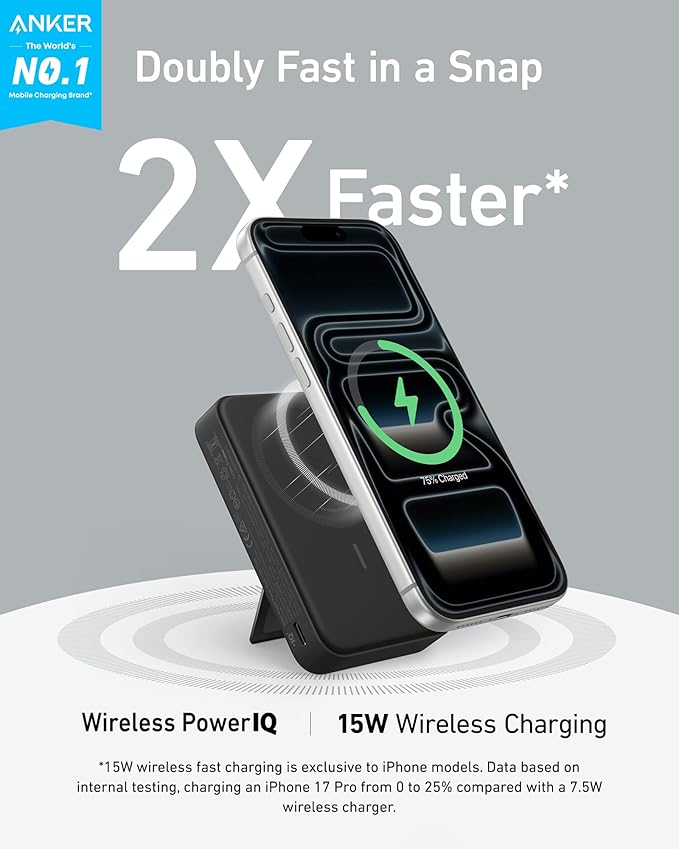 Anker MagGo Power Bank, Qi2 Certified 15W Ultra-Fast MagSafe-Compatible Portable Charger, 10,000mAh Battery Pack with Smart Display and Foldable Stand, For iPhone 15/14/13/12 Only(USB-C Cable Include)
