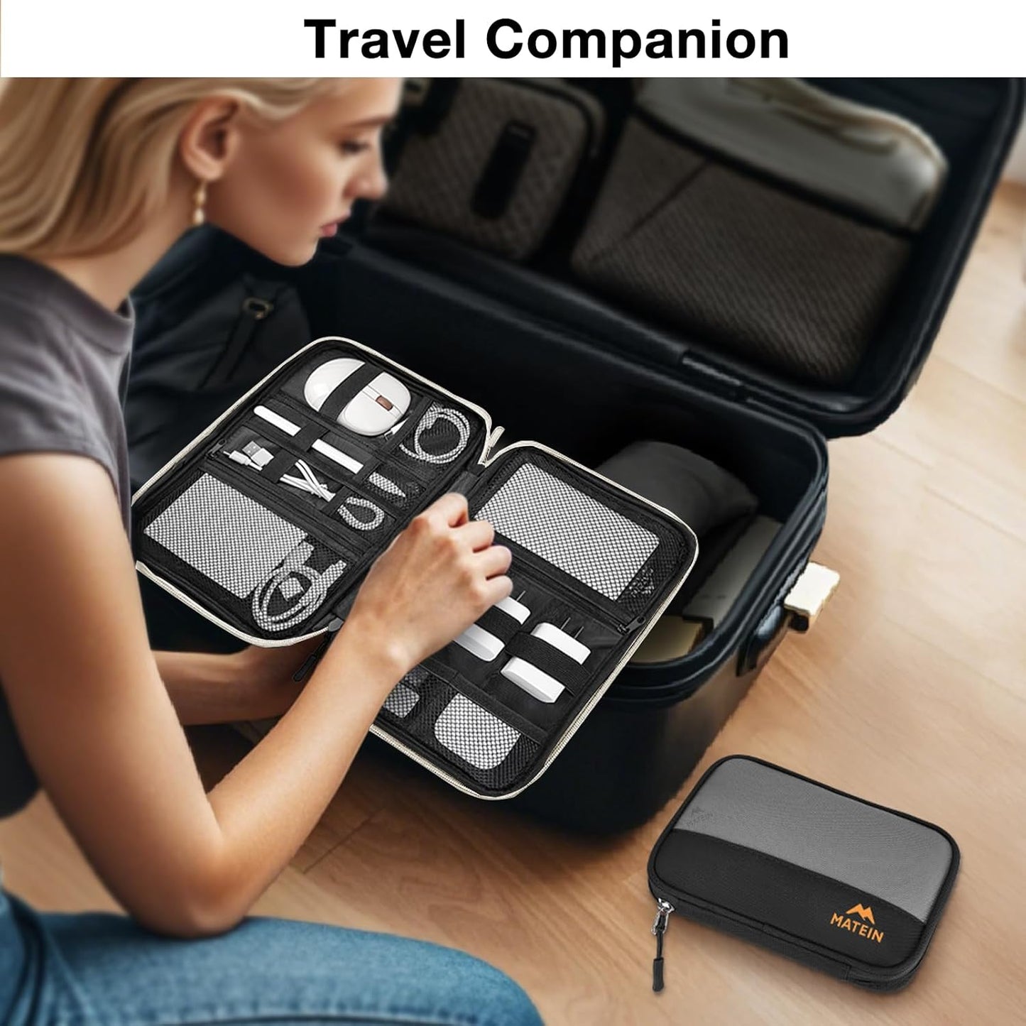 MATEIN Tech Organizer Travel Case 2 Pack for Couple, Water Resistant Charging Cord Organizer for Travel Accessories, Portable Electronics Bag for Purse, Cable, Phone & Wireless Mouse, Gifts for Work