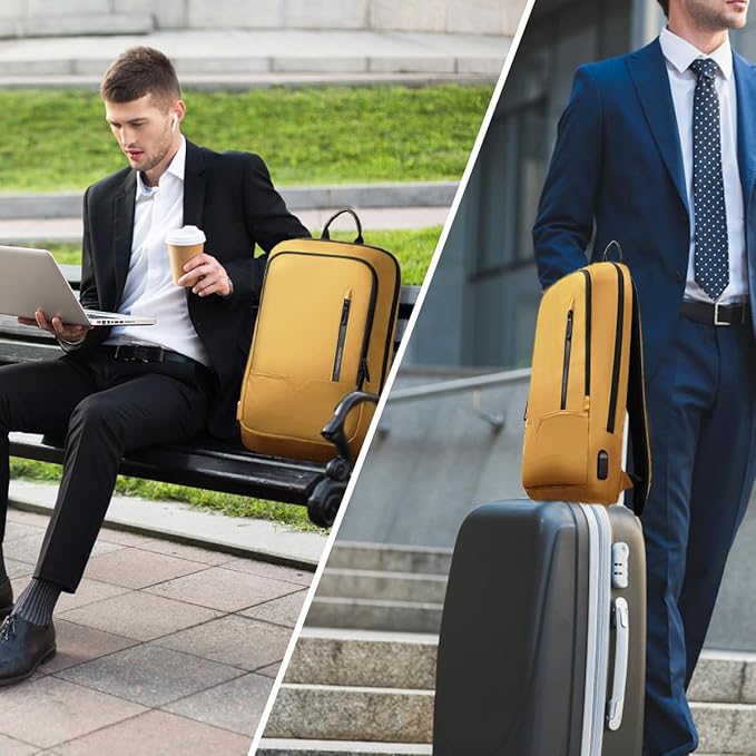 hk Backpack for Men Business Slim Backpack with USB Charger Computer Lightweight Anti-theft Travel (Yellow, 15.6 Inch)