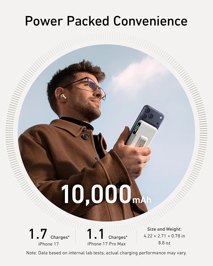 Anker MagGo Power Bank, Qi2 Certified 15W Ultra-Fast MagSafe-Compatible Portable Charger, 10,000mAh Battery Pack with Smart Display & Foldable Stand, For iPhone 16/15/14/13 Only (USB-C Cable Included)