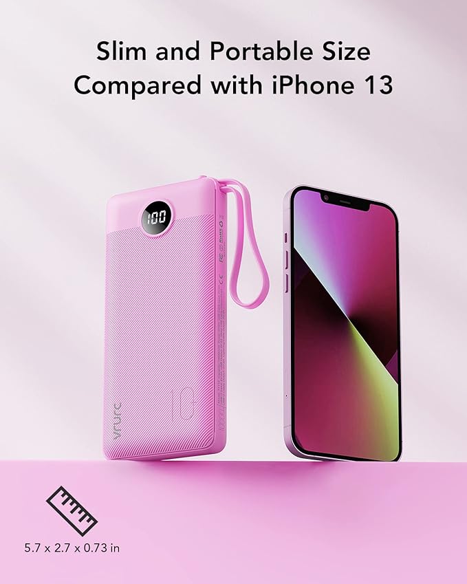 VRURC Portable Charger 10000mAh, Travel Essentials Battery Pack, 5 Output 2 Input Power Bank, Built-in Micro & USB C Cables Phone Charger Compatible with iPhone,Samsung,Android-Purple(1 Pack)