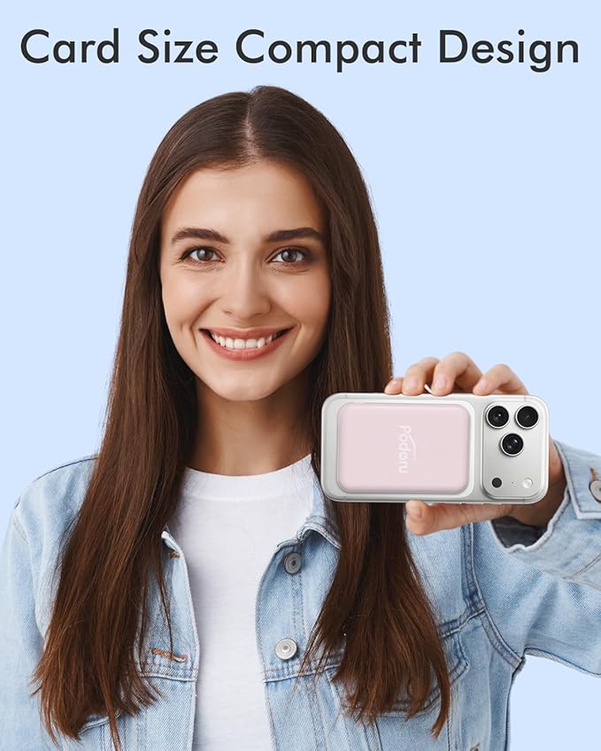 podoru for Magsafe Battery Pack, 5000mAh Magnetic PowerBank with Type-C Cable 20W PD Fast Charging Lighting Input Wireless Charger for iPhone 17/16/15/14/13/12/ All Series-Light Pink