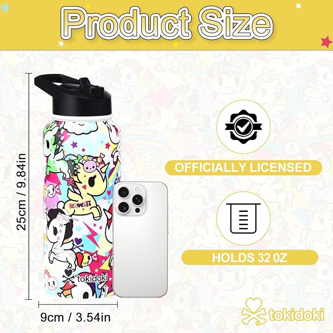 Tokidoki Unicorno 32OZ Water Bottle with straw Anime Cartoon Reusable Insulated Water Bottle Cup Tumbler with Leak Proof Flip for Outdoor Gym (unicorno-01)