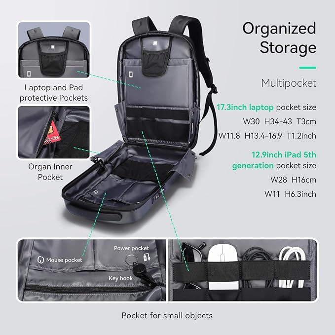 MARK RYDEN Laptop Backpack for Men, Hard Shell Anti-Theft Backpack with TSA Approved Lock and USB Charging Port, Business Backpack for Working, Commuting