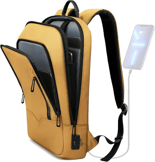 hk Backpack for Men Business Slim Backpack with USB Charger Computer Lightweight Anti-theft Travel (Yellow, 15.6 Inch)