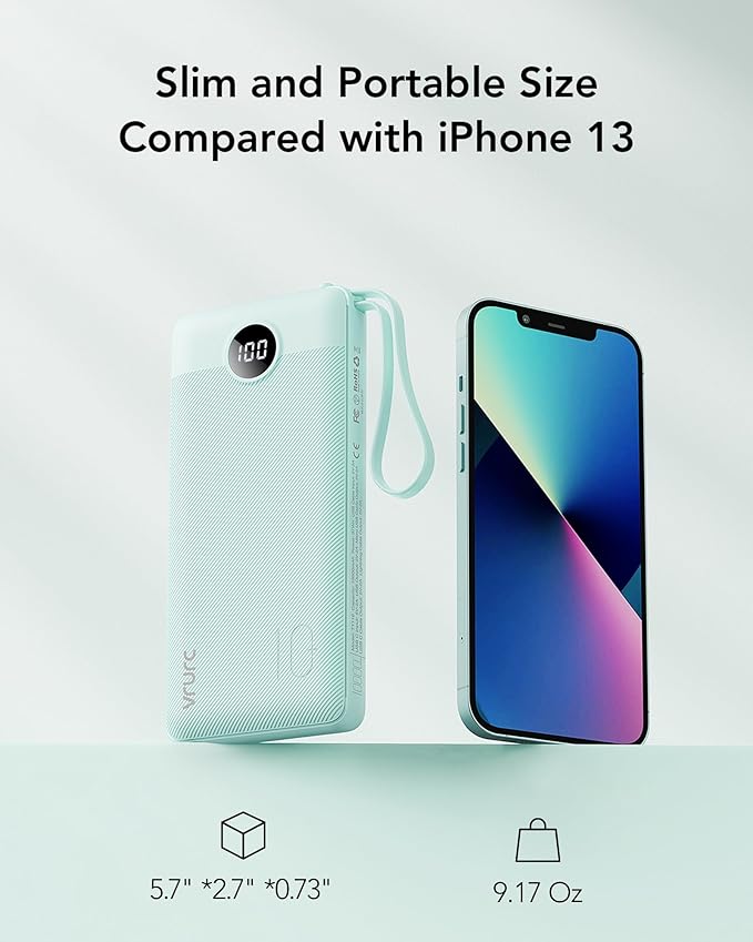 VRURC Portable Phone Charger, Portable Charger USB C 10000mAh, 5 Outputs 2 Inputs Travel Battery Power Bank Built-in Cables Cords for iPhone 17 Pro 17 16 15 14 13,Samsung,Android-Green(1 Pack)