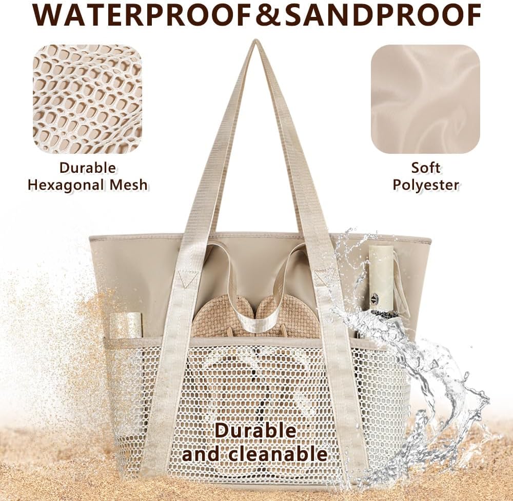 Waterproof Sandproof Beach Bag with Zipper and 6 Pockets - Foldable Lightweight Tote for Pool, Travel