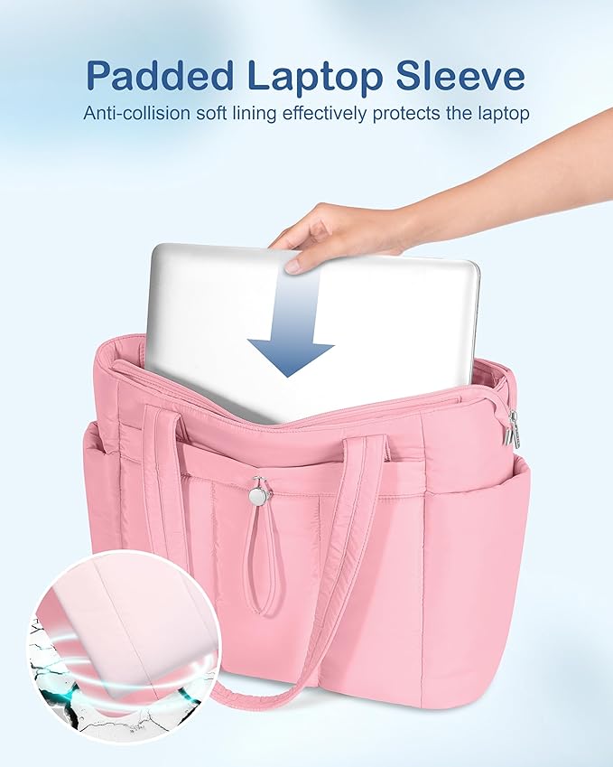 TOPDesign Puffy Tote Bag for Women with Cup Holder & Laptop Compartment & Cosmetic Bag & Trolley Sleeve for Work, Travel