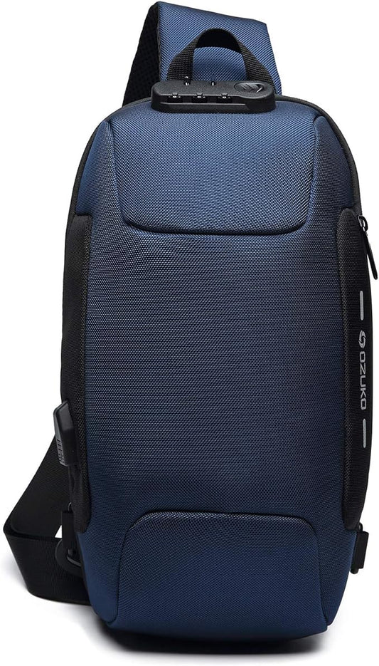 FANDARE Anti-theft Sling Bag New Men Crossbody Bag fit 10.5 inch tablet Women Chest Pack with USB Charging Port Shoulder Bag for Cycling Camping Riding Hiking Daypacks Waterproof Polyester Blue A
