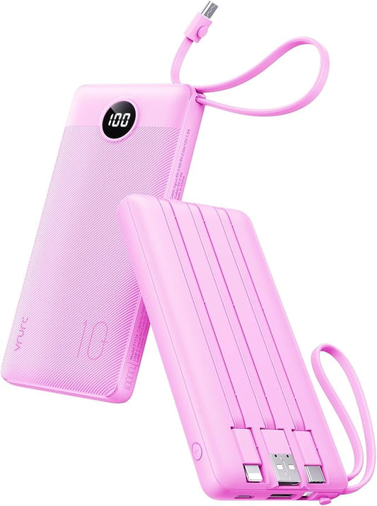 VRURC Portable Charger 10000mAh, Travel Essentials Battery Pack, 5 Output 2 Input Power Bank, Built-in Micro & USB C Cables Phone Charger Compatible with iPhone,Samsung,Android-Purple(1 Pack)
