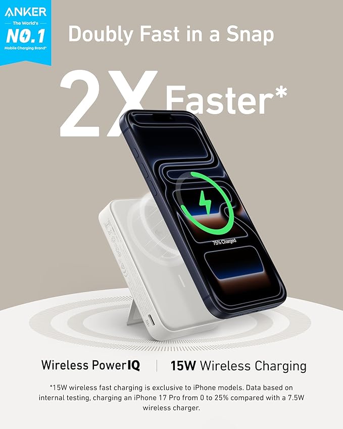 Anker MagGo Power Bank, Qi2 Certified 15W Ultra-Fast MagSafe-Compatible Portable Charger, 10,000mAh Battery Pack with Smart Display & Foldable Stand, For iPhone 16/15/14/13 Only (USB-C Cable Included)