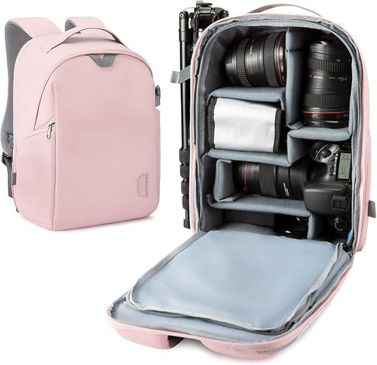BAGSMART Camera Bag, Camera Backpack, DSLR SLR Camera Case Fits 13.3 Inch Laptop, Waterproof Photography Backpacks with Rain Cover Tripod Holder for Women Men, Pink