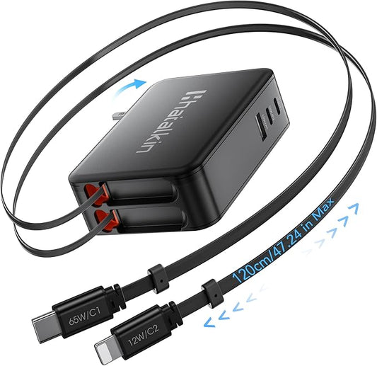 65W for MacBook Pro Charger,5-in-1 Retractable Wall Charger Plug for iPhone 17, Dual 3.94 ft PD USB C Cable&3 Ports, Fast Charging Block for Mac Book Pro/Air, M1 M2 M3 M4, iPad Pro,Galaxy,Pixel