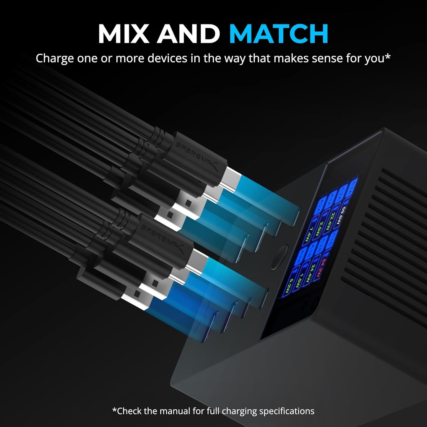 SABRENT 252W Charger – 8-Port USB PD 3.0 with LCD Display, Fast Charging for USB-C & USB-A Devices, Laptops, Phones, Tablets, Gaming Consoles – PPS, Overcharge Protection, Travel-Friendly (AX-8PTC)