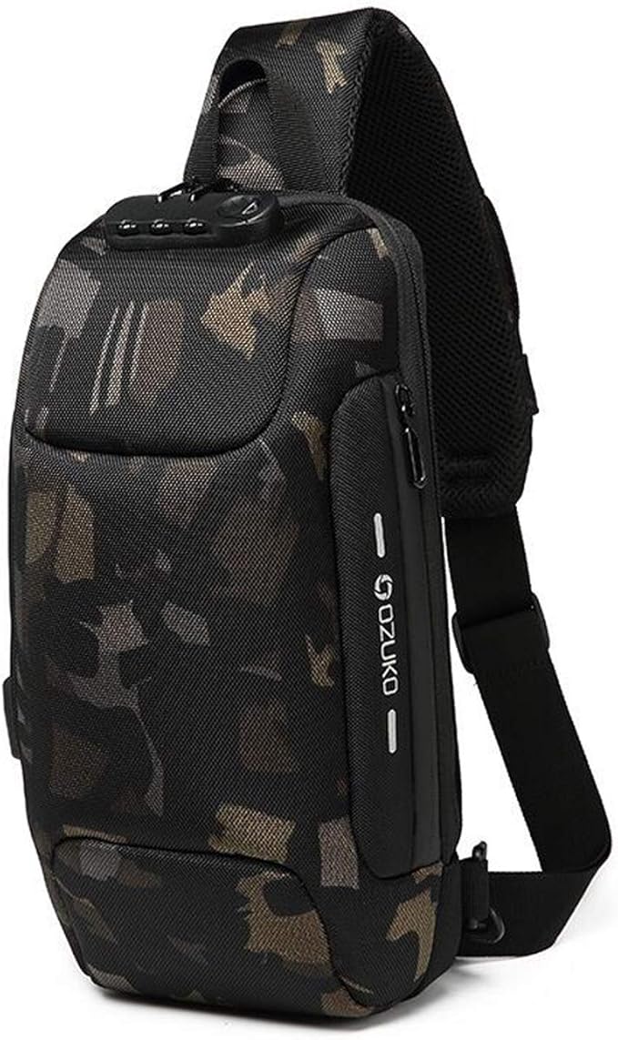 FANDARE New Men Sling Bag Anti-theft Crossbody Bag Chest Pack with Password Lock,USB, Reflective Stripe Shoulder Bag for Cycling Camping Riding Hiking Waterproof Polyester Camo