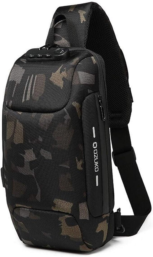 FANDARE New Men Sling Bag Anti-theft Crossbody Bag Chest Pack with Password Lock,USB, Reflective Stripe Shoulder Bag for Cycling Camping Riding Hiking Waterproof Polyester Camo