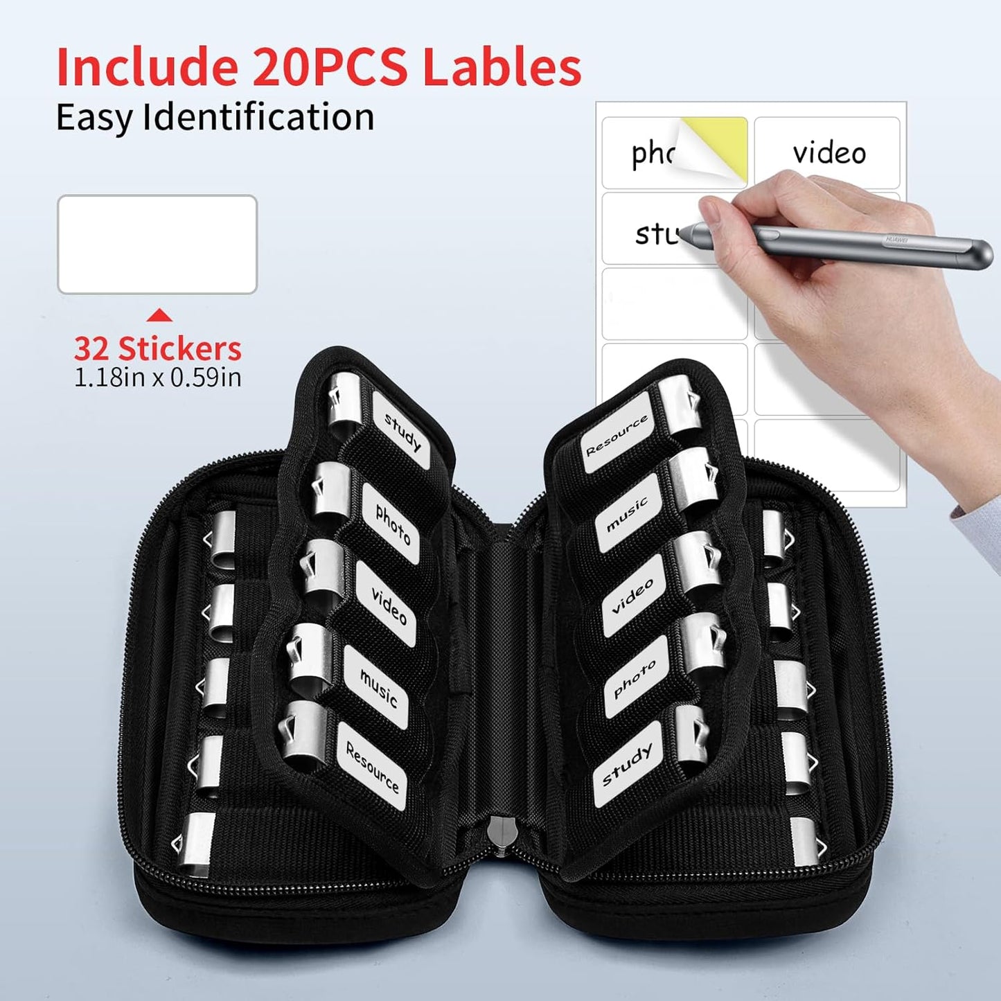 ABLAZE Flash Drive Case 20 Slots for USB Storage, USB Holder Storage Bag with Label, Electronic Accessories Organizer for Thumb Drive (Black)