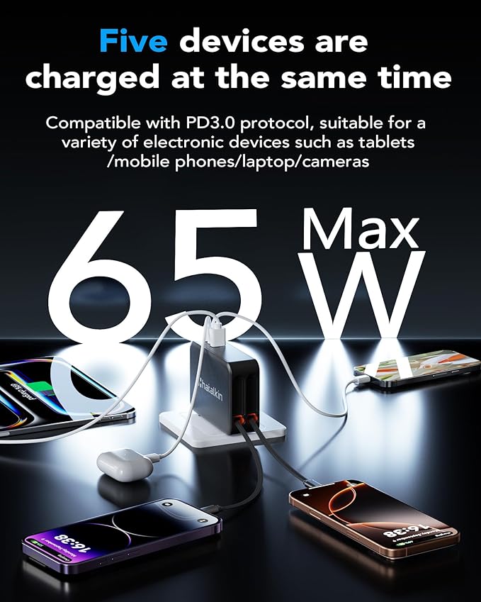 65W for MacBook Pro Charger,5-in-1 Retractable Wall Charger Plug for iPhone 17, Dual 3.94 ft PD USB C Cable&3 Ports, Fast Charging Block for Mac Book Pro/Air, M1 M2 M3 M4, iPad Pro,Galaxy,Pixel