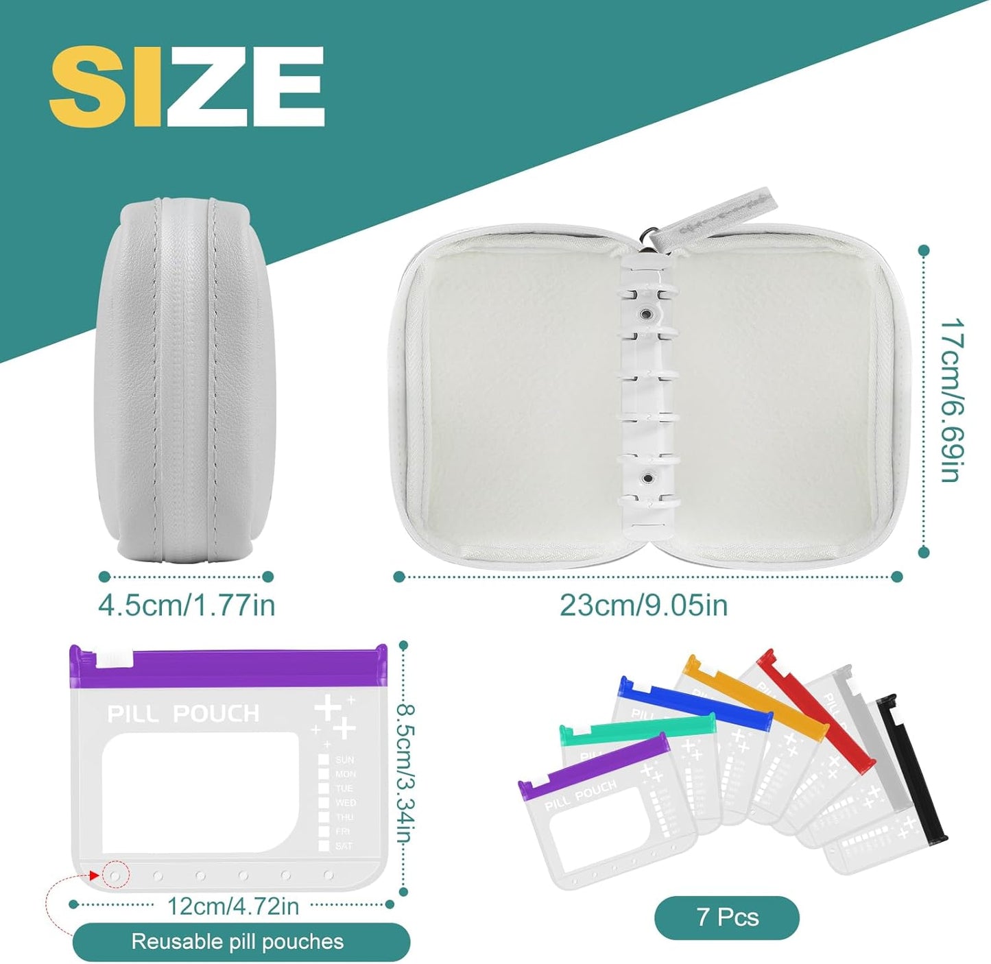 A7-L Water-Proof Pill Pouch Set， Large Pill Organizer, BPA Free, A7-L Pill Loose-Leaf Storage with Color-Coded Medicine Pouches, Reusable Travel Medicine Organizer， Zippered Pill Organizers Weekly