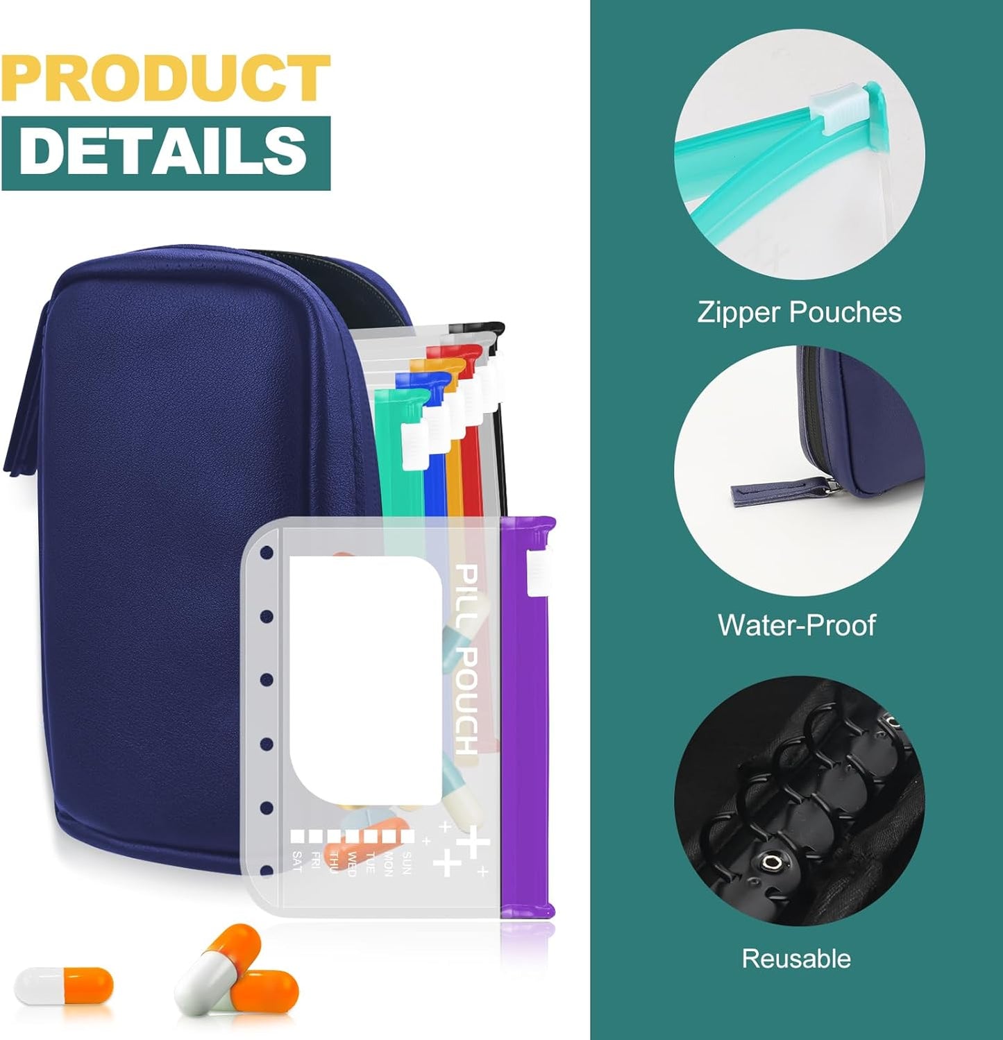 A7-L Timueetech Water-Proof Pill Pouch Set, BPA Free, A7-L Pill Loose-Leaf Storage with Color-Coded Medicine Pouches, Large Reusable Travel Medicine Organizer， Zippered Pill Organizers Weekly
