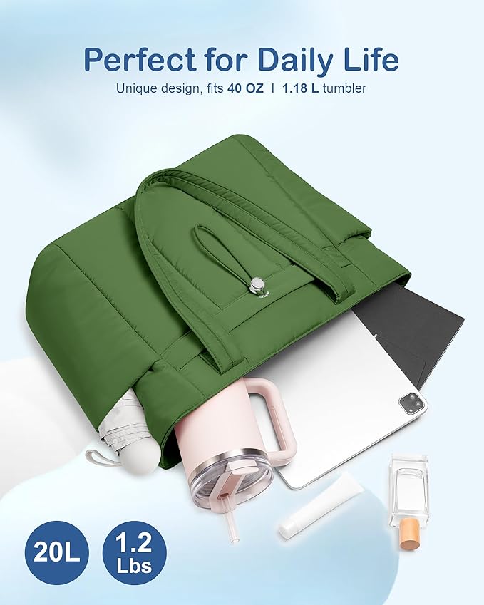 TOPDesign Puffy Tote Bag for Women with Cup Holder & Laptop Compartment & Cosmetic Bag & Trolley Sleeve for Work, Travel
