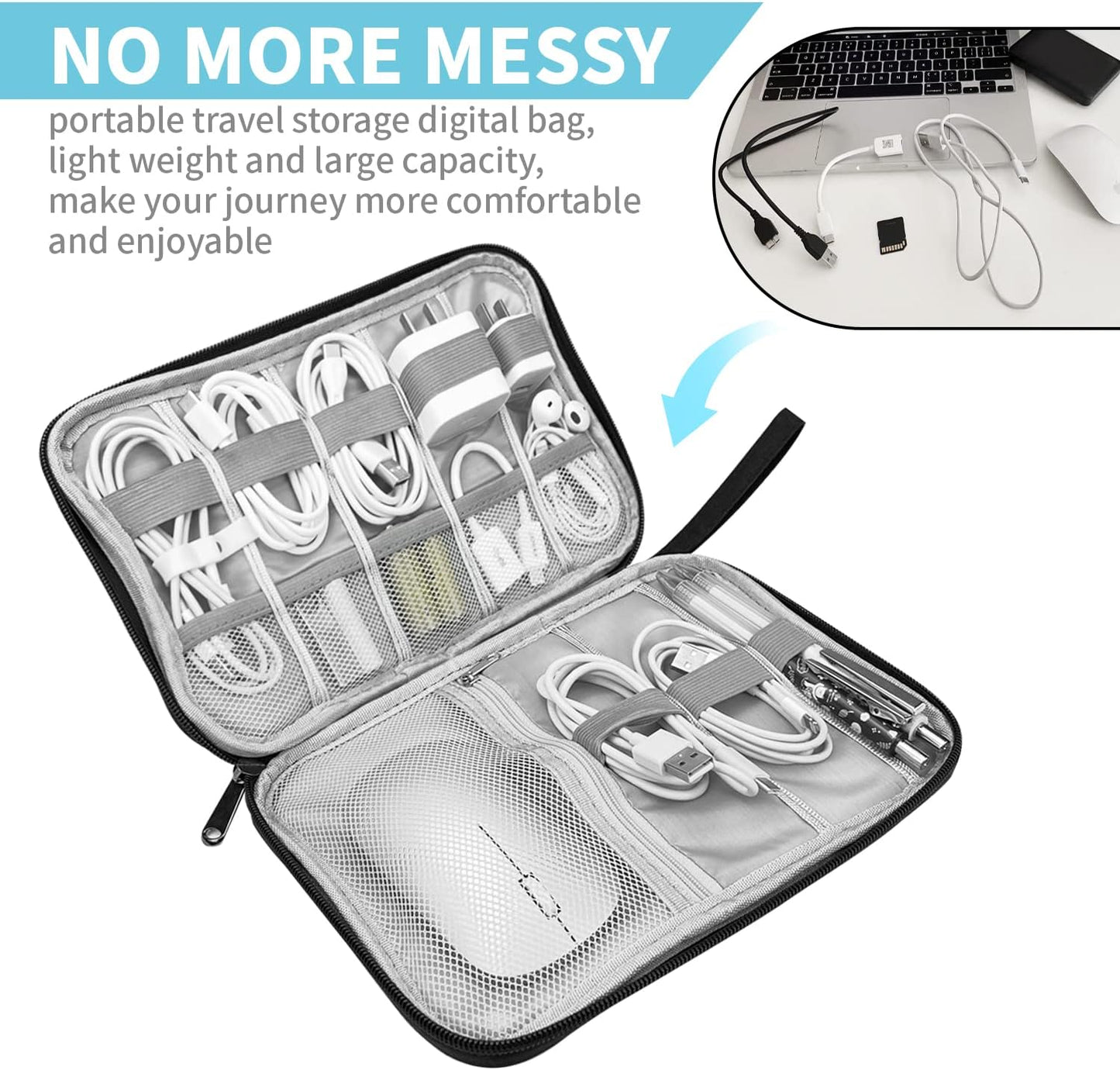Electronics Organizer Travel Case,Electronic Accessories Storage Bag,Portable Waterproof Cable Organizer Bag,with 5 Cable Ties，for Travel,Work-Black