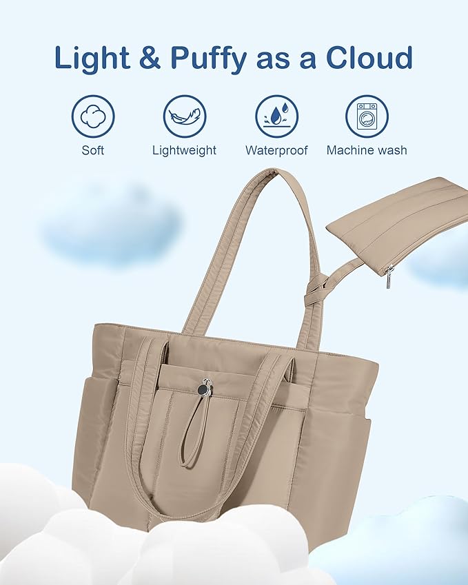 TOPDesign Puffy Tote Bag for Women with Cup Holder & Laptop Compartment & Cosmetic Bag & Trolley Sleeve for Work, Travel