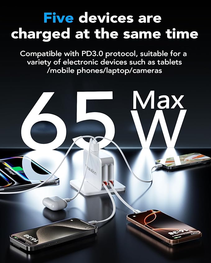 65W for MacBook Pro Charger,5-in-1 Retractable Wall Charger Plug for iPhone 17, Dual 3.94 ft PD USB C Cable&3 Ports, Fast Charging Block for Mac Book Pro/Air, M1 M2 M3 M4, iPad Pro,Galaxy,Pixel