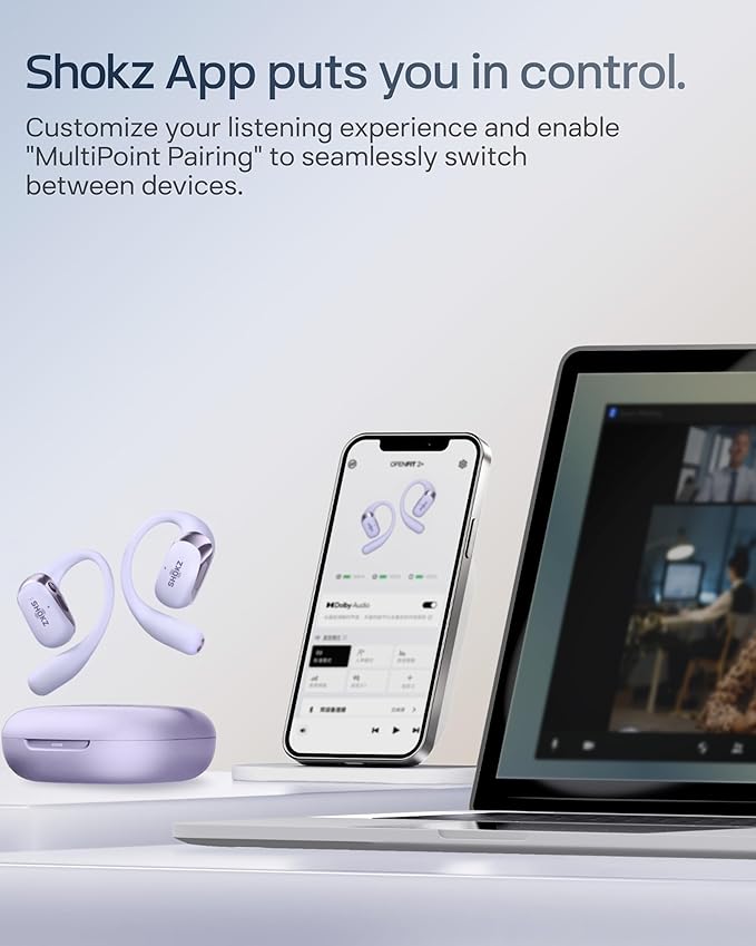 SHOKZ New OpenFit 2+ Open-Ear Headphones,Dolby Audio Enabled,Comfortable Earbuds with Soft Ear Hooks,48H Playtime,IP55 Water-Resistant,USB-C Fast Charging,Wireless Charging - Online Exclusive Purple