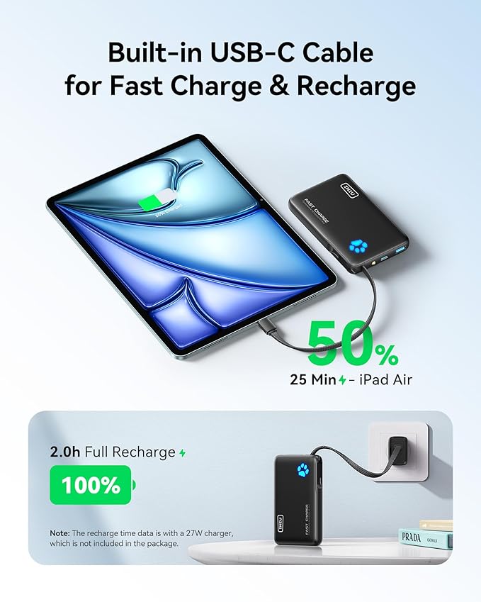 INIU 45W Power Bank, Fast Charging Portable Charger with Built-in USB C Cable, 10000mAh Small Type C Powerbank, Battery Pack for iPhone 17 16 15 14, iPad, Samsung S25 S24 etc Travel Camping Essentials
