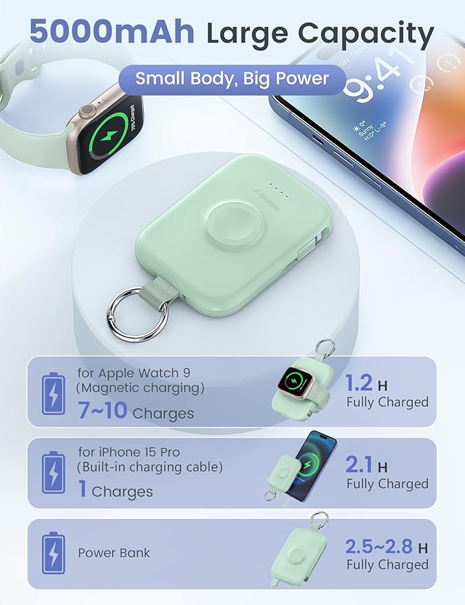 RORRY Portable Charger, 5000mAh Portable Charger Power Bank with Built-in Cables, Travel Keychain Battery Pack for Apple Watch Ultra/11/10/9/8/7/6/SE, iPhone Air/17/16/15/14/13/12, Green