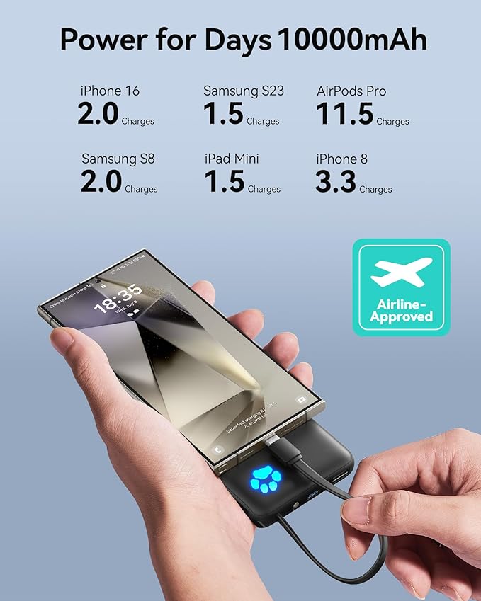 INIU Portable Charger, Slim 10000mAh Power Bank with Build in USB-C Cable, 45W Fast Charging Small Phone Charger, Flight Cruise Ship Trip Accessories Essentials for College Student Boy Girl, Yellow