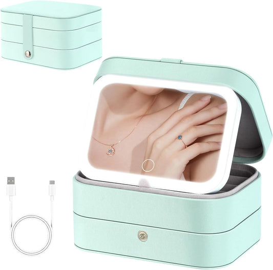 Travel Jewelry Case with LED Lighted Mirror, Personalized Birthday Gifts for Women Girls Kids, 2-Layer Portable Travel Jewelry Organizer, Travel Essentials (Cyan Blue)