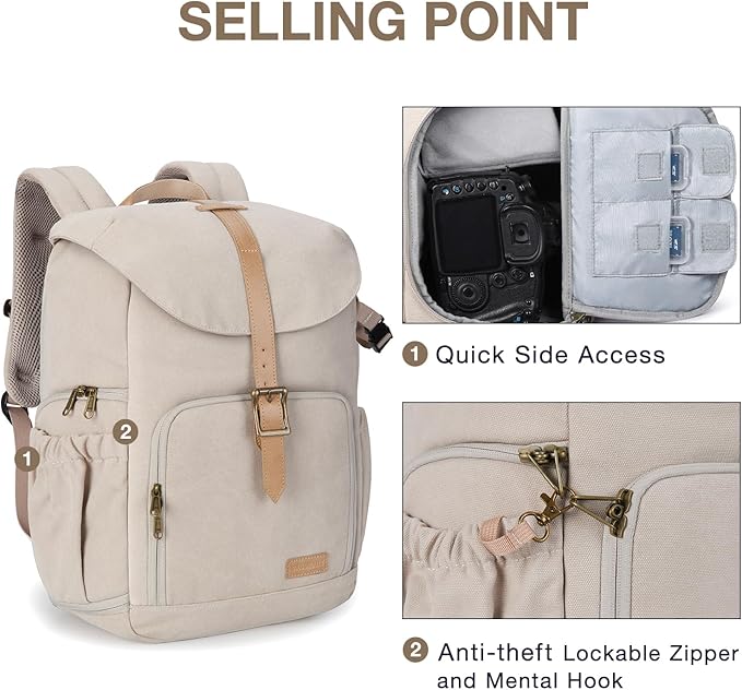 BAGSMART Camera Backpack, DSLR Camera Bag Backpacks for Photographers, Waterproof Anti-Theft Photography Backpack with 15 Inch Laptop Compartment & Tripod Holder, Ivory White