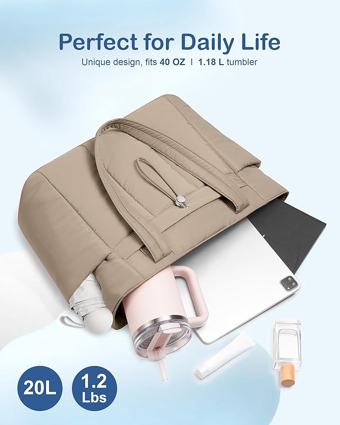 TOPDesign Puffy Tote Bag for Women with Cup Holder & Laptop Compartment & Cosmetic Bag & Trolley Sleeve for Work, Travel