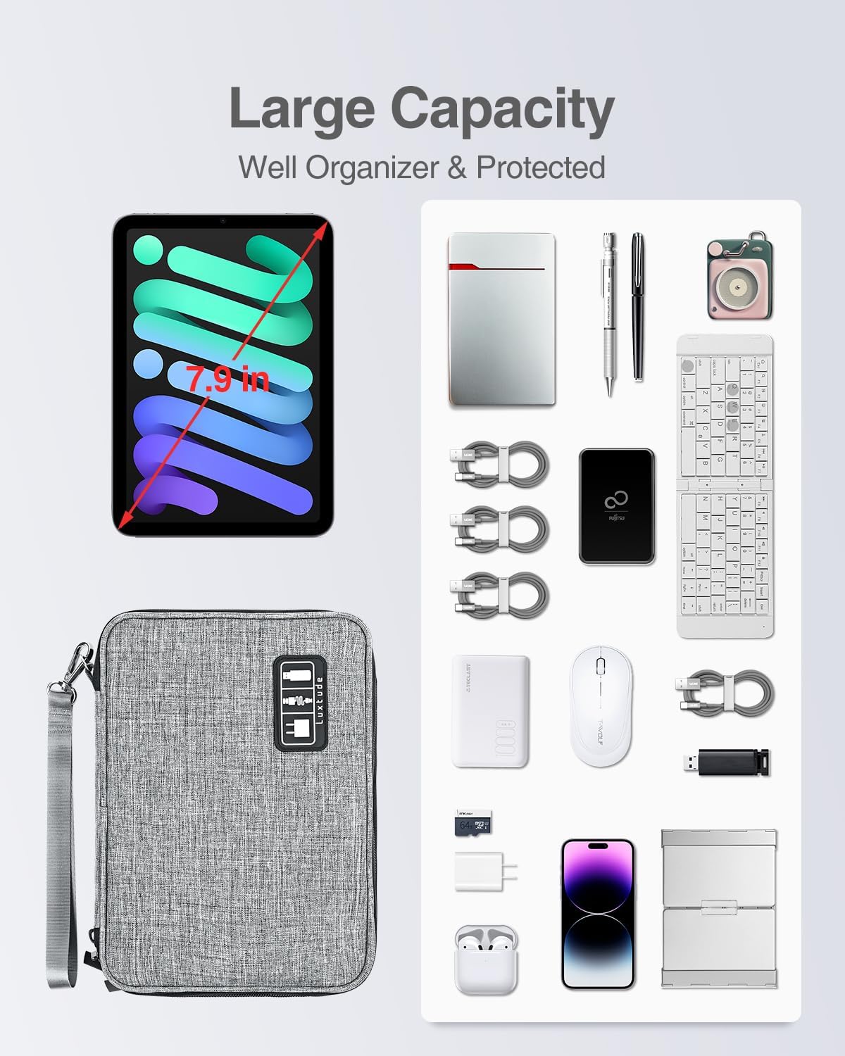 Luxtude Electronics Organizer, Portable Cable Organizer Bag for iPad 7.9'', Double Layer Travel Tech Bag&Cord Storage, Compact Cord Case&Charger Pouch,Electronics Carring Case for Phone/USB