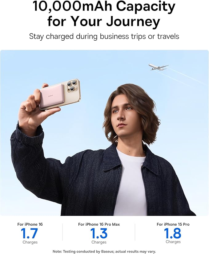 Baseus Picogo Magsafe Portable Charger, Qi2 Certified 0.5" Ultra Slim 15W Wireless Power Bank, 10000mAh 27W Fast Charging Magnetic Battery Pack with USB-C for iPhone 17/16/15/14/13/12 Series Only