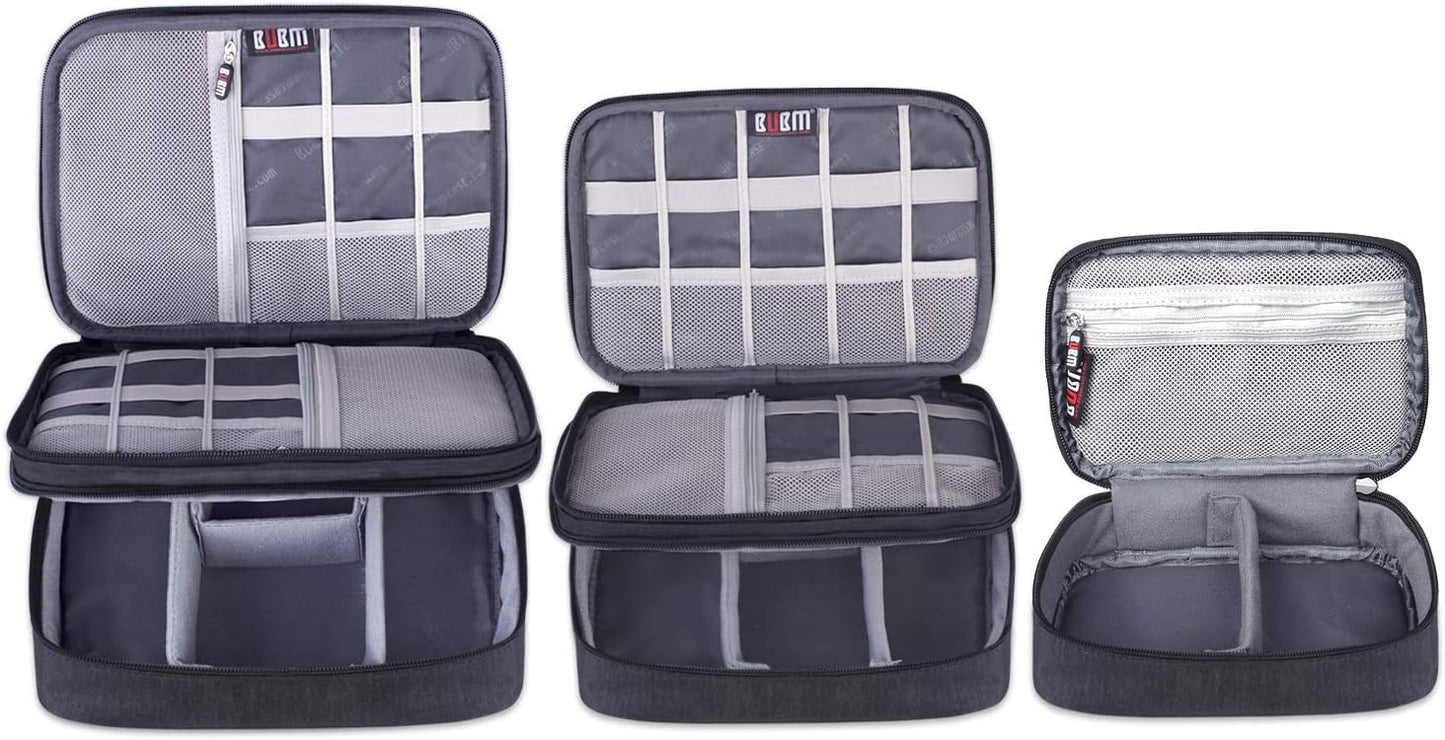 BUBM 3pcs Double Layer Electronic Organizer, Travel Gadgets Bag for Cables, External Flash Drive, Mouse, Memory Card, Power Bank and More, Compact and Multi-purpose, Black
