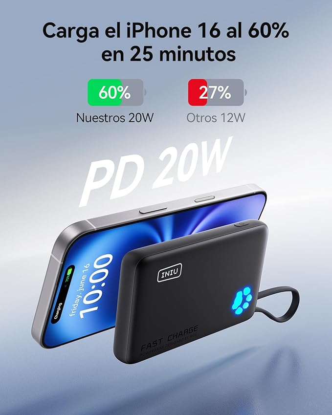 INIU Portable Charger, Slim 10000mAh Power Bank with Build in USB-C Cable, 45W Fast Charging Mini Battery Pack, Travel Trip Flight Cruise Ship Essentials for College Student Travelers Boy Girl, Orange