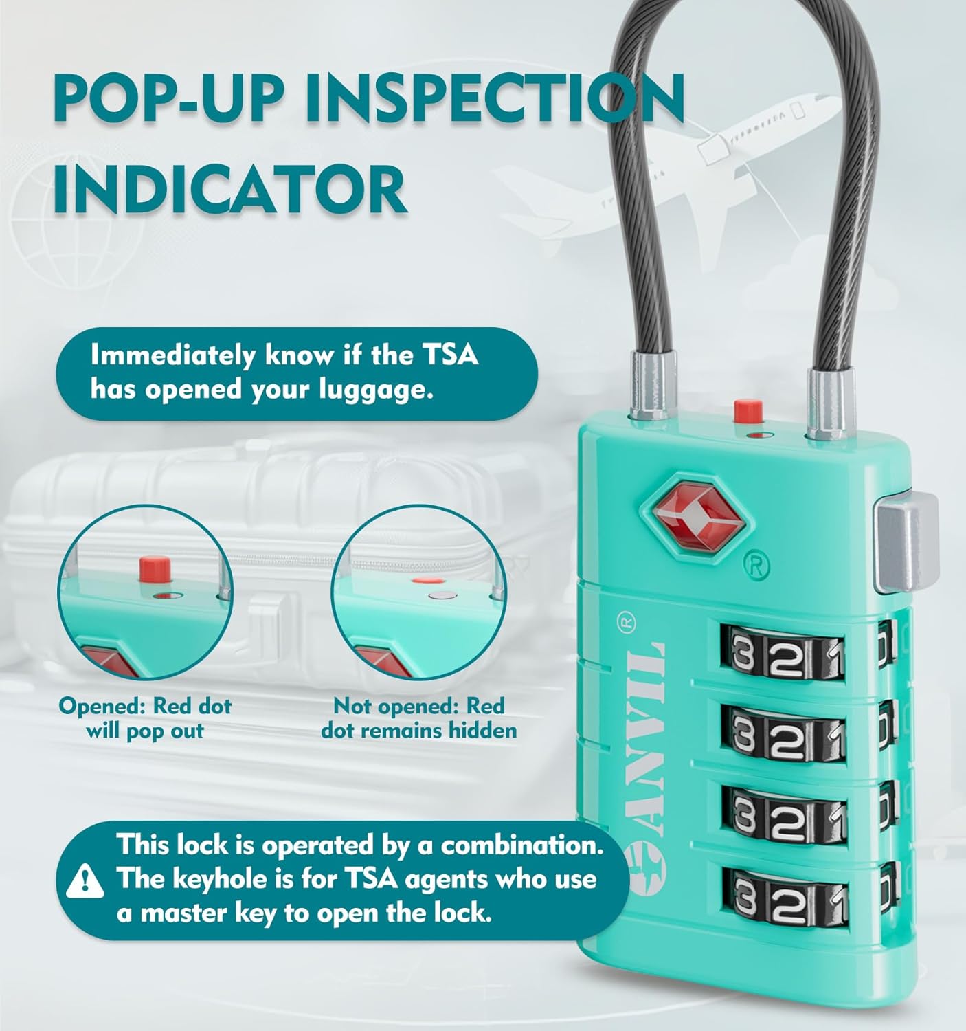 ANVIL 4 Digit Luggage Locks, TSA Locks for Luggage, Advanced TSA008 core, Alert Indicator for Your Travel Lock, Suitcase Lock.(2, Cyan)